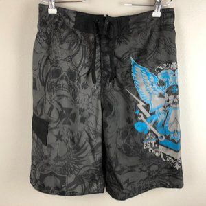 Joe Boxer Swim Board Shorts Size M Gray Blue Skull